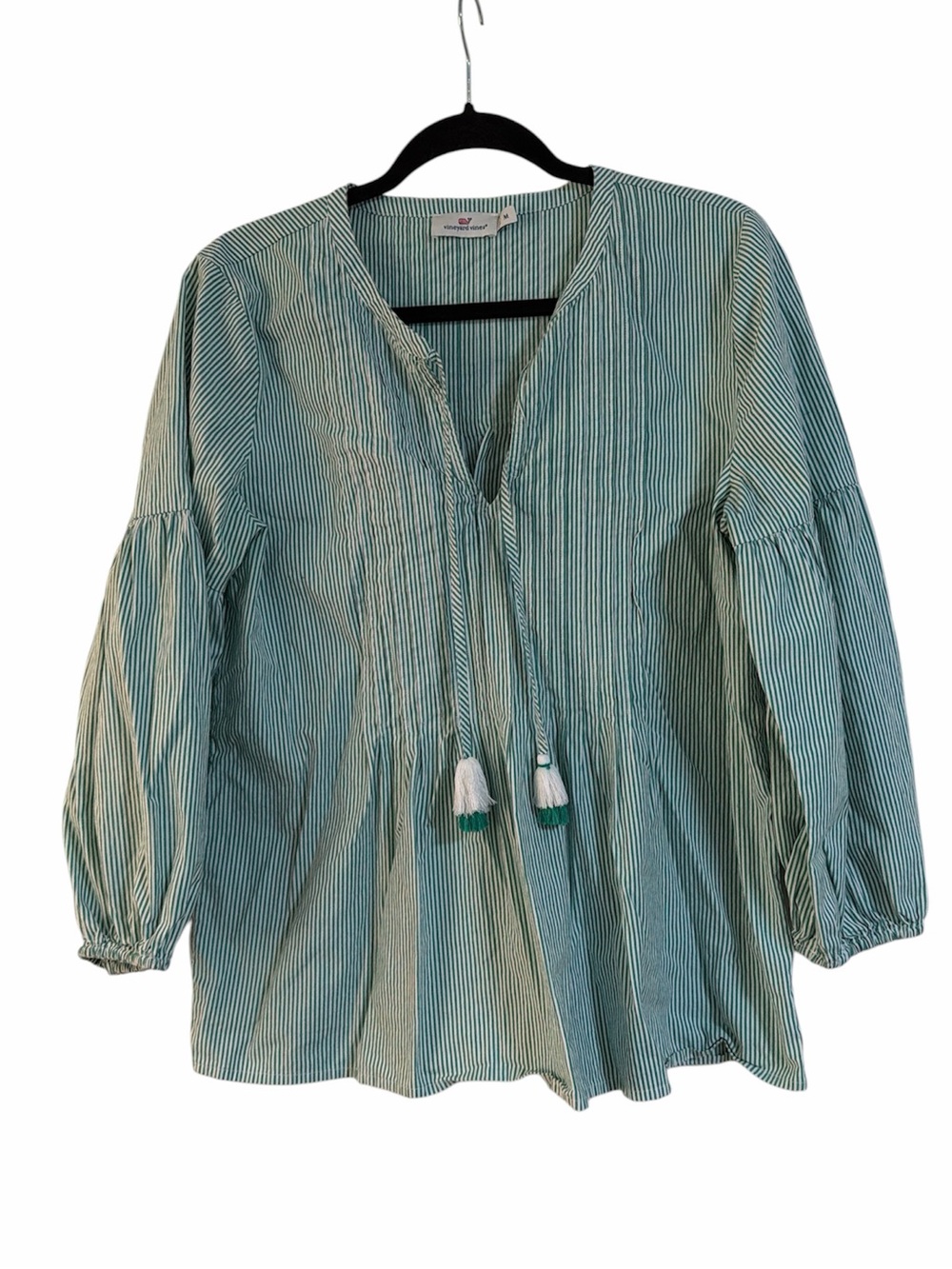 Vineyard Vines Cotton Long Sleeve Striped Peasant Blouse with Tassel Tie - Green